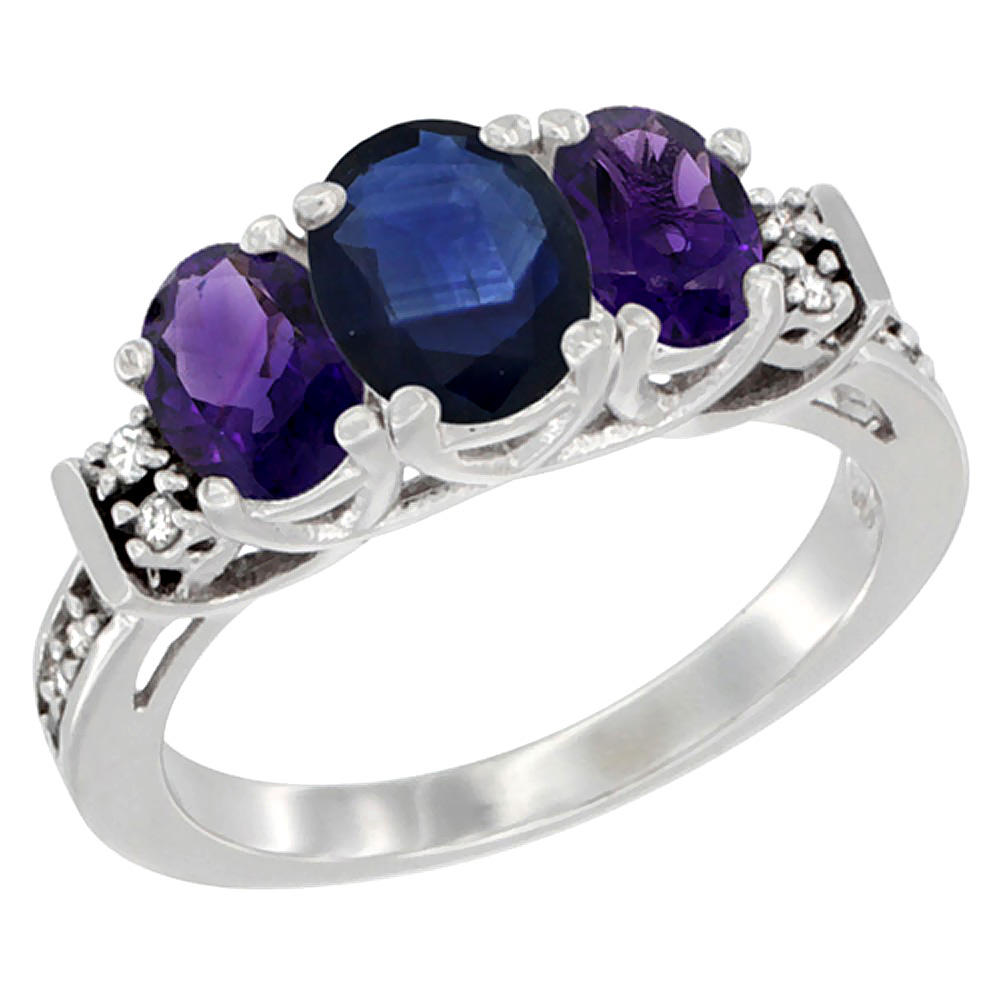 Sabrina Silver 14K White Gold Natural Blue Sapphire & Amethyst Ring 3-Stone Oval Diamond Accent, sizes 5-10
