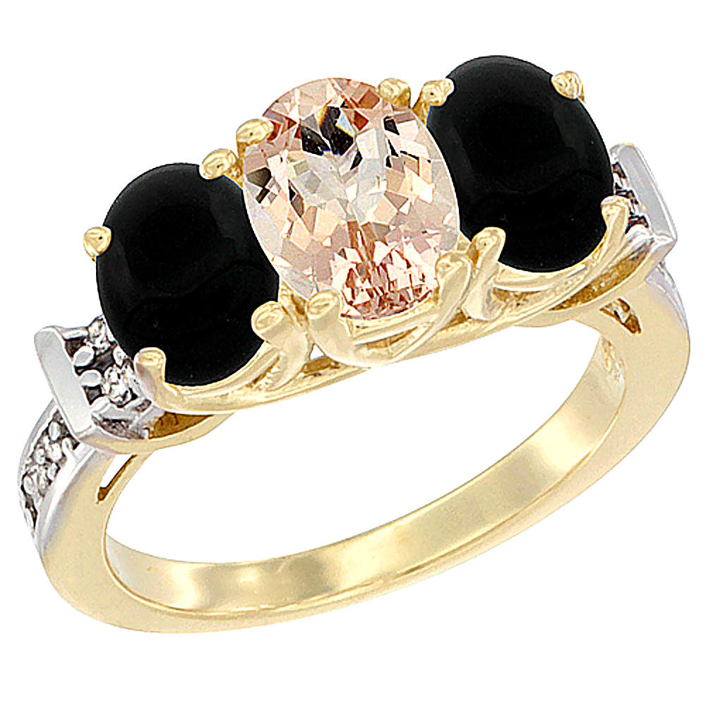 Sabrina Silver 14K Yellow Gold Natural Morganite & Black Onyx Sides Ring 3-Stone Oval Diamond Accent, sizes 5 - 10