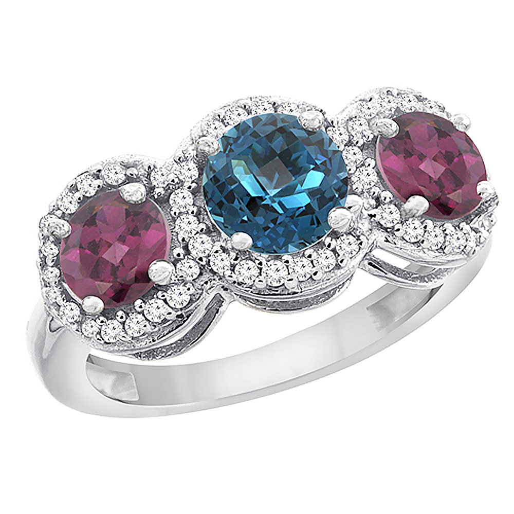 Sabrina Silver 10K White Gold Natural London Blue Topaz & Rhodolite Sides Round 3-stone Ring Diamond Accents, sizes 5 - 10