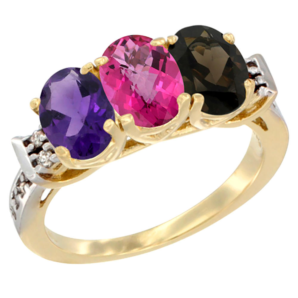 Sabrina Silver 14K Yellow Gold Natural Amethyst, Pink Topaz & Smoky Topaz Ring 3-Stone 7x5 mm Oval Diamond Accent, sizes 5 - 10