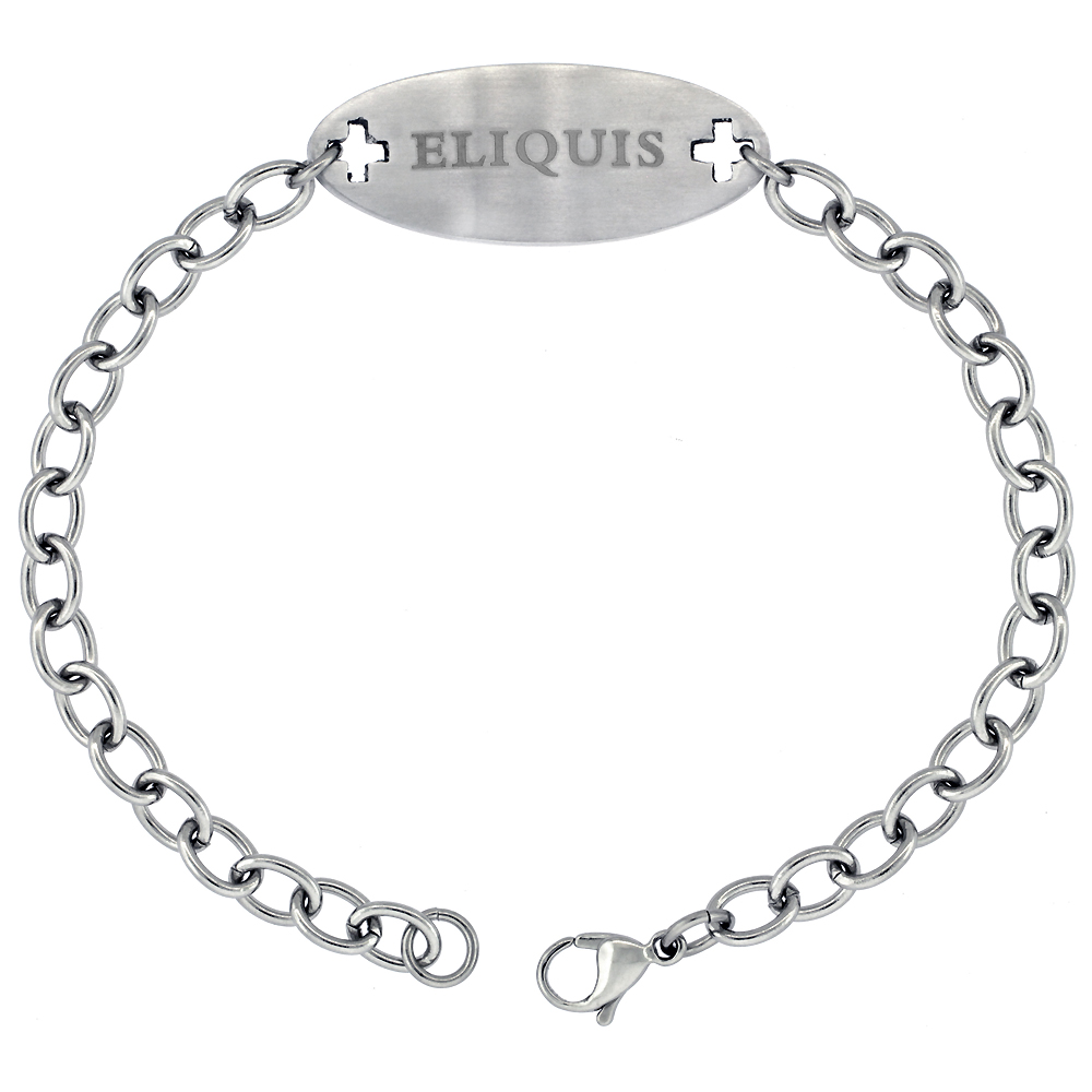 Sabrina Silver Surgical Steel Medical Alert Bracelet for ELIQUIS ID 9/16 inch wide, 9 inch long