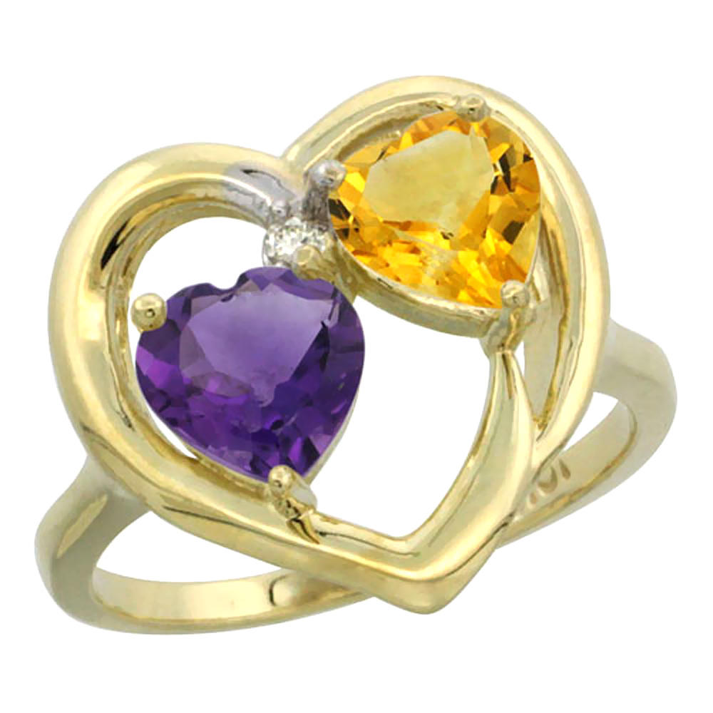 Sabrina Silver 14K Yellow Gold Diamond Two-stone Heart Ring 6mm Natural Amethyst & Citrine, sizes 5-10