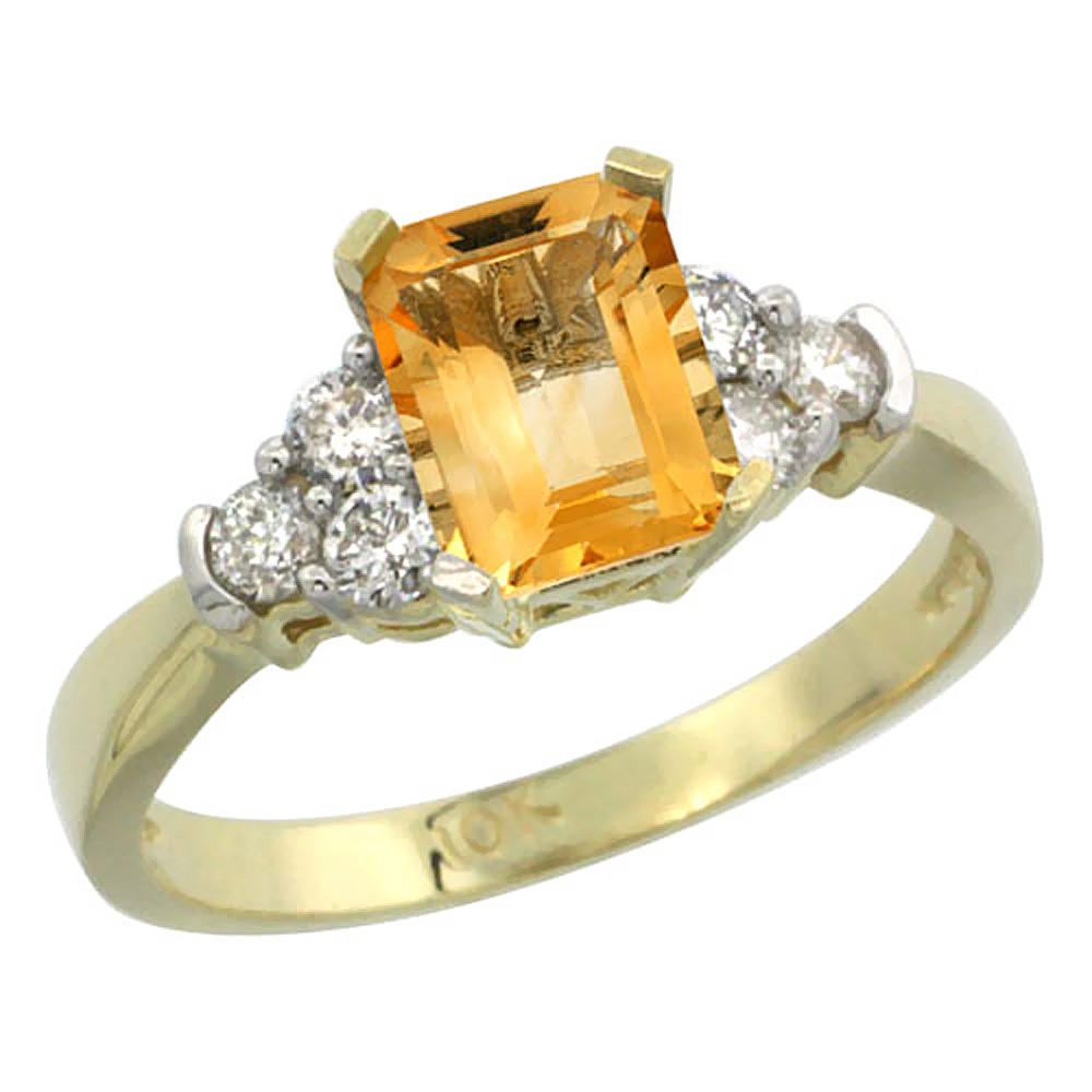 Sabrina Silver 14K Yellow Gold Natural Citrine Ring Octagon 7x5mm Diamond Accent, sizes 5-10