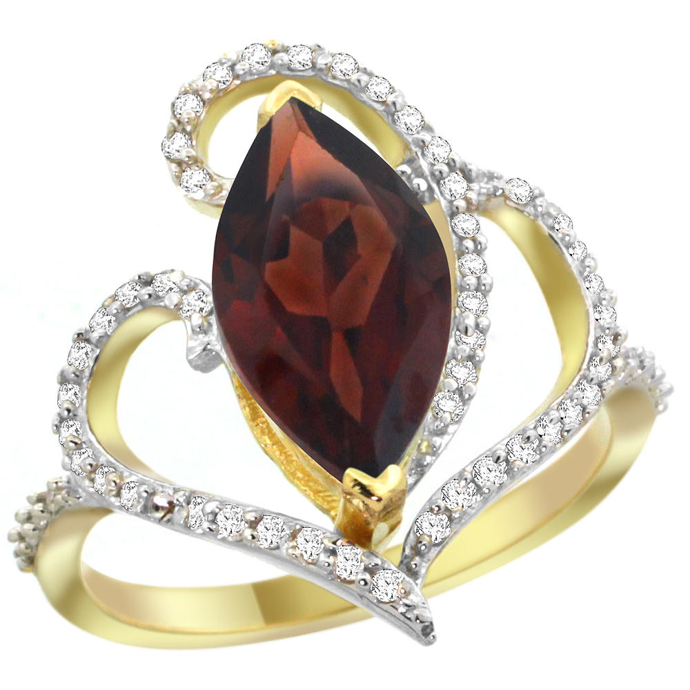Sabrina Silver 14k Yellow Gold Stone Garnet Ring Marquise 14x7mm Diamond Accents, sizes 5 - 10