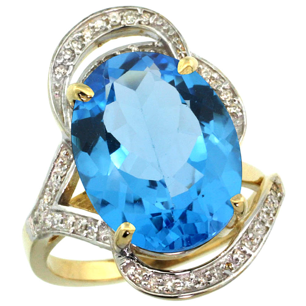 Sabrina Silver 14k Yellow Gold Natural Swiss Blue Topaz Ring Diamond Accent Oval 16x12mm, sizes 5 - 10