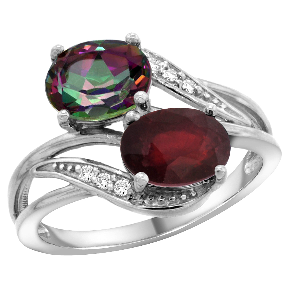 Sabrina Silver 14K White Gold Diamond Natural Mystic Topaz & Quality Ruby 2-stone Mothers Ring Oval 8x6mm, size 5 - 10