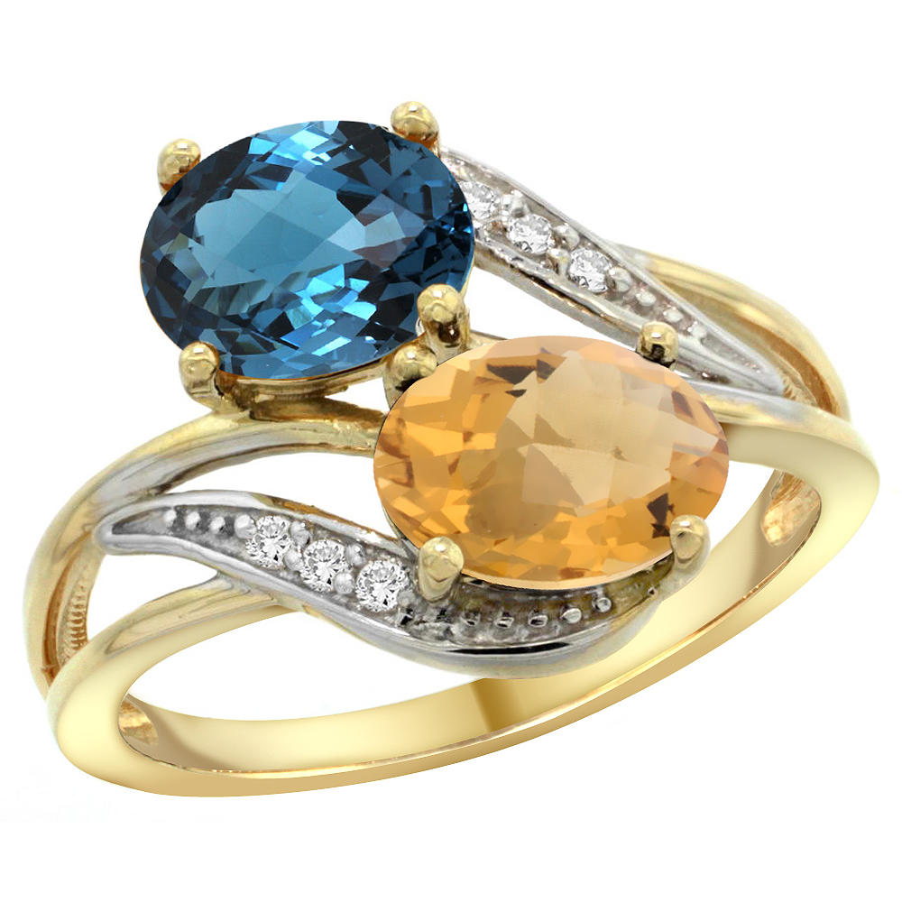 Sabrina Silver 14K Yellow Gold Diamond Natural London Blue Topaz & Whisky Quartz 2-stone Ring Oval 8x6mm, sizes 5 - 10