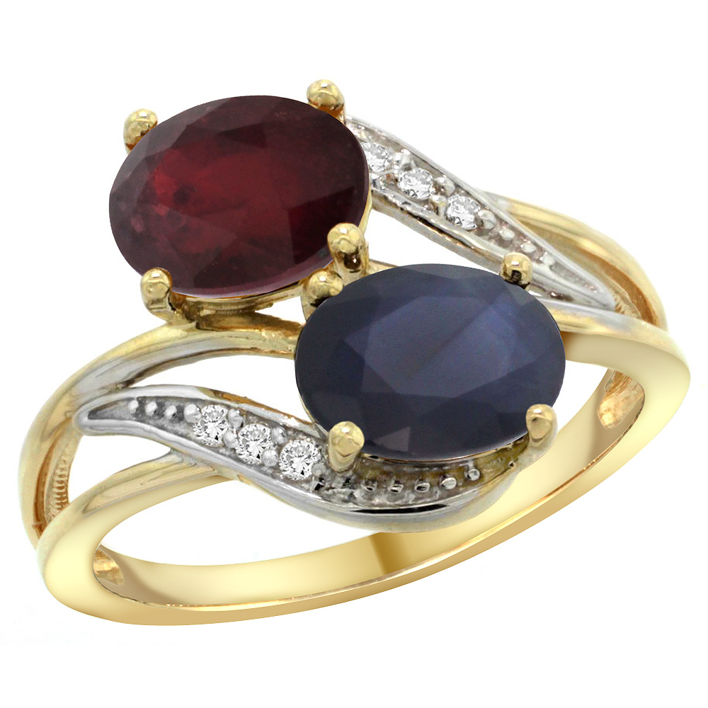 Sabrina Silver 14K Yellow Gold Diamond Enhanced Ruby & Natural Quality Blue Sapphire 2-stone Ring Oval 8x6mm, size 5-10