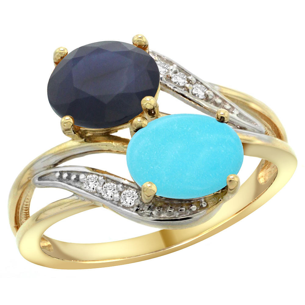 Sabrina Silver 14K Yellow Gold Diamond Natural Blue Sapphire & Turquoise 2-stone Ring Oval 8x6mm, sizes 5 - 10
