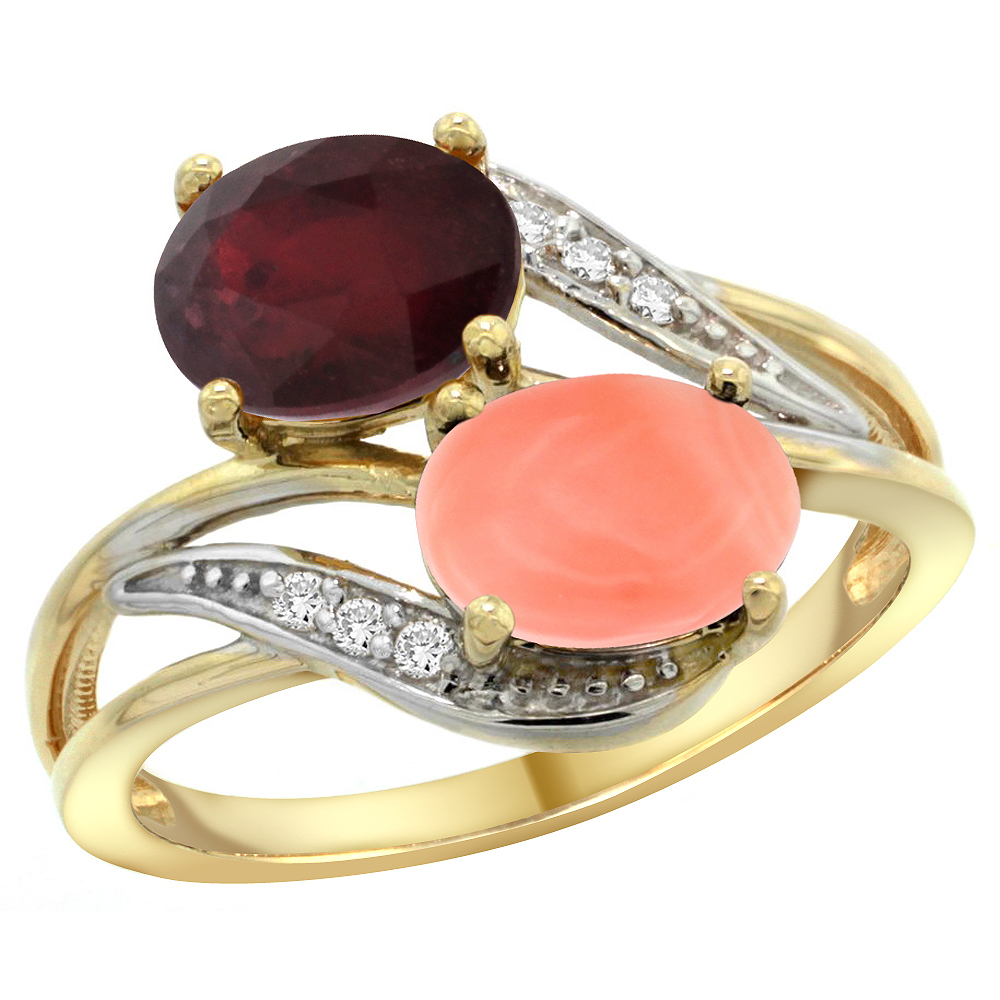 Sabrina Silver 14K Yellow Gold Diamond Natural Quality Ruby & Coral 2-stone Mothers Ring Oval 8x6mm, size 5 - 10