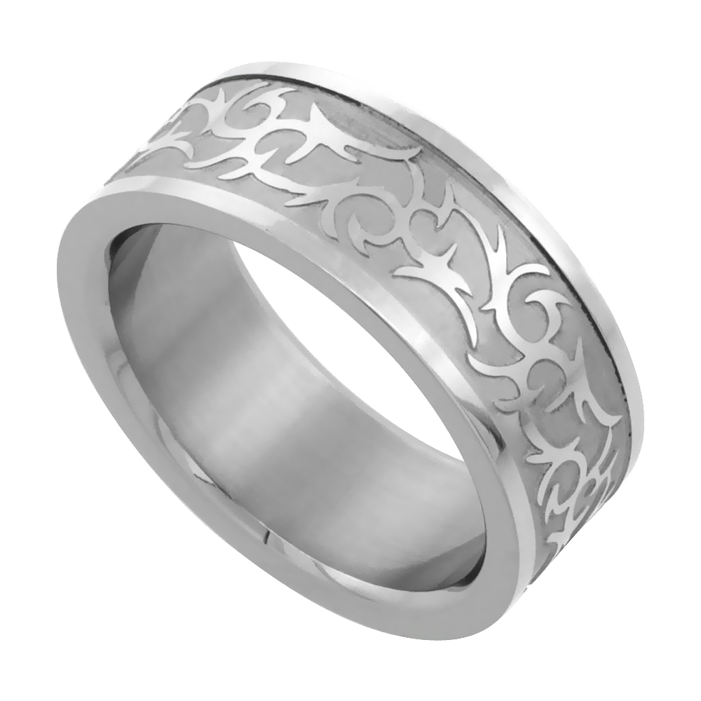 Sabrina Silver Surgical Stainless Steel 8mm Tribal Design Ring Wedding Band, sizes 7 - 14