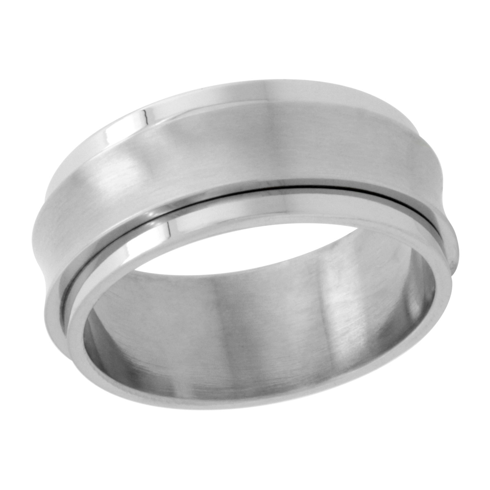 Sabrina Silver Surgical Stainless Steel Concaved Spinner Ring 9mm Wedding Band Matte Center, sizes 8 - 14