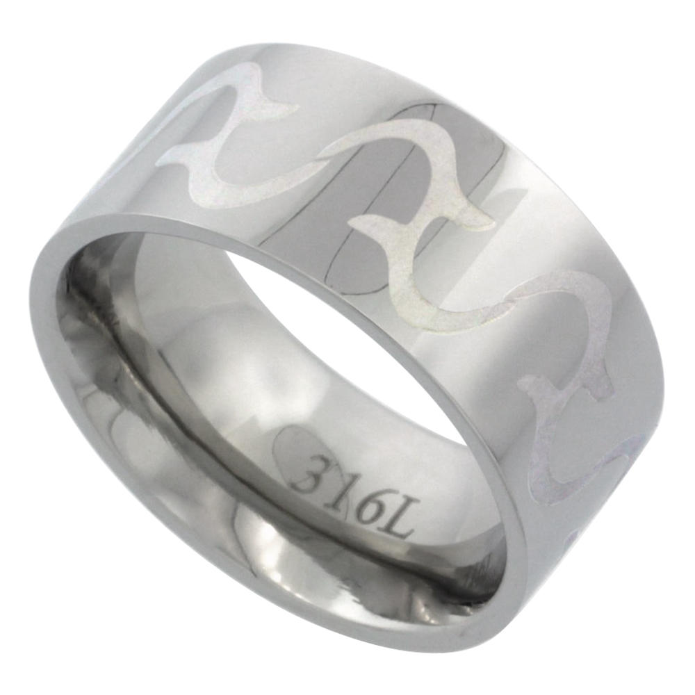 Sabrina Silver Surgical Stainless Steel 10mm Tribal Design Ring Wedding Band Comfort-Fit, sizes 7 - 14