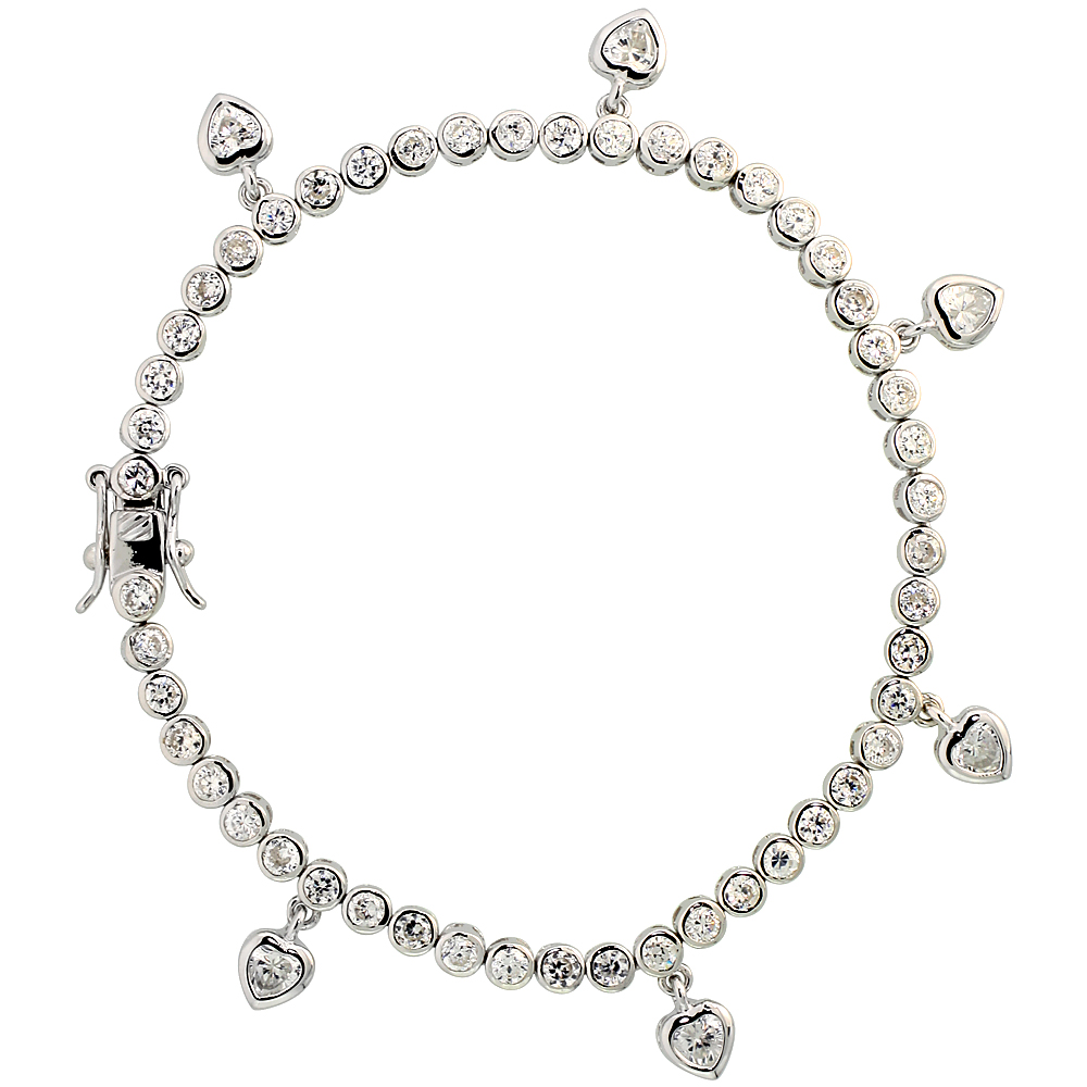 Sabrina Silver Sterling Silver 4.25 ct. size CZ Tennis Bracelet/Necklace with Dangling Hearts, 1/8 inch wide, 7, 16, 18 inches long