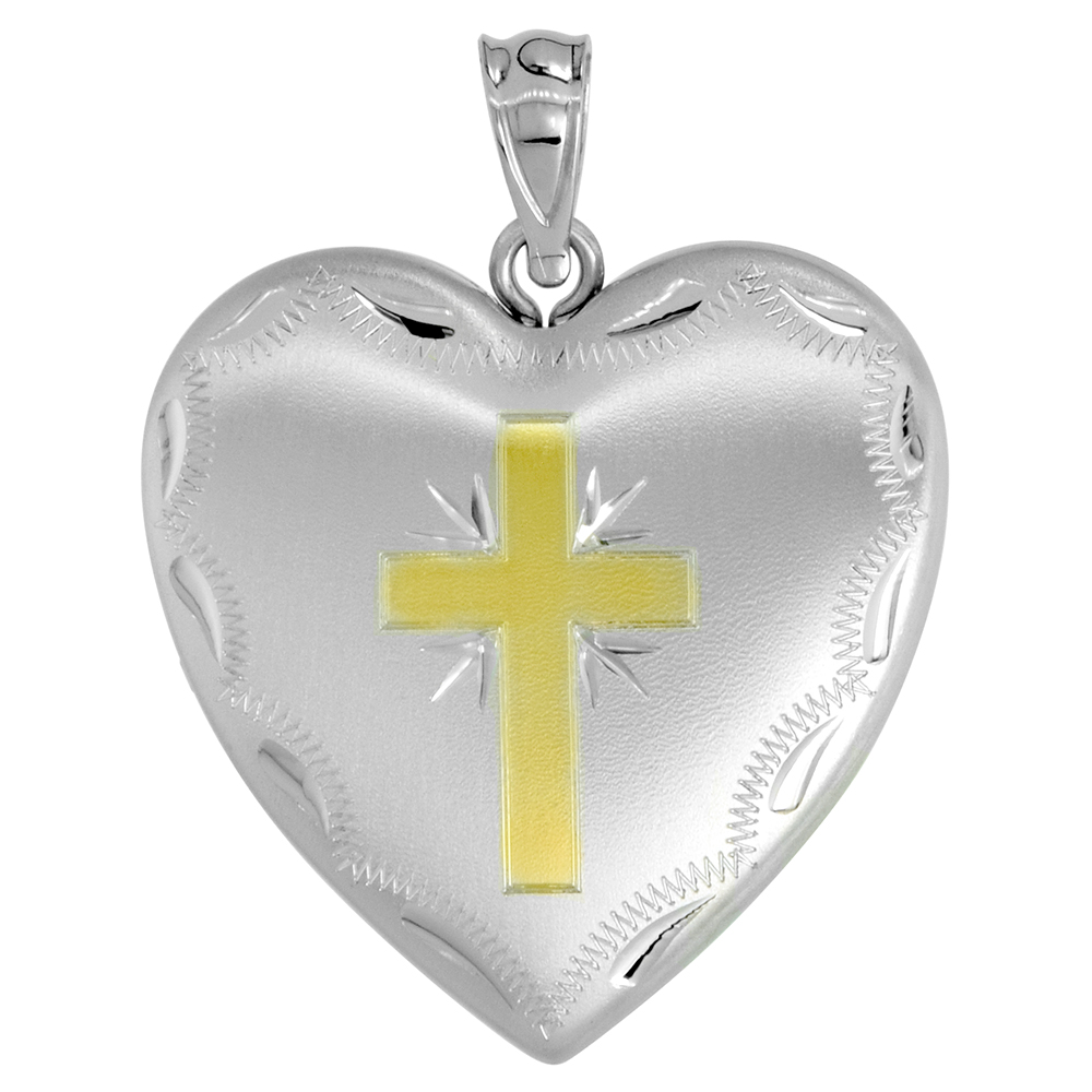 Sabrina Silver 1 inch Sterling Silver Heart Locket Pendant for Women 4 Picture Gold Cross NO CHAIN