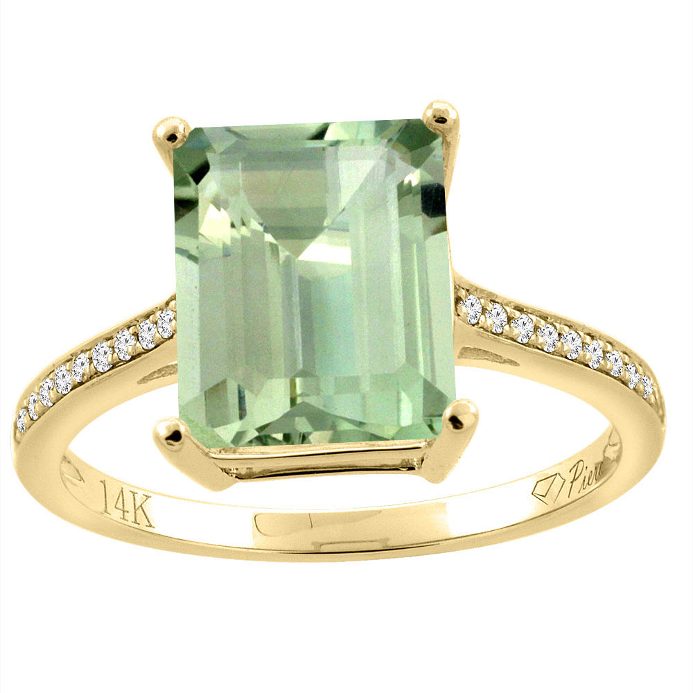 Sabrina Silver Piera 14K Gold Natural Green Amethyst Ring Octagon 10x8 mm Diamond Accents, sizes 5 - 10