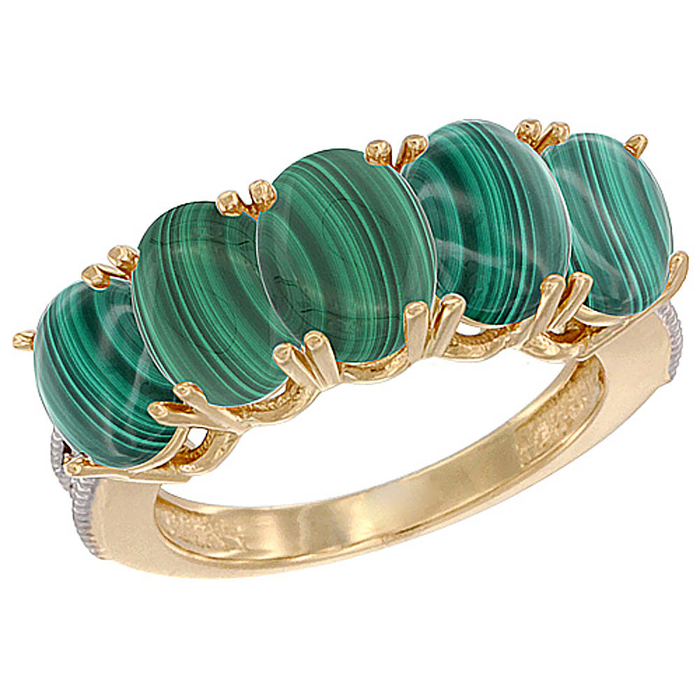 Sabrina Silver 14K Yellow Gold Natural Malachite 0.75 ct. Oval 7x5mm 5-Stone Mother"s Ring with Diamond Accents, sizes 5 to 10 with half sizes