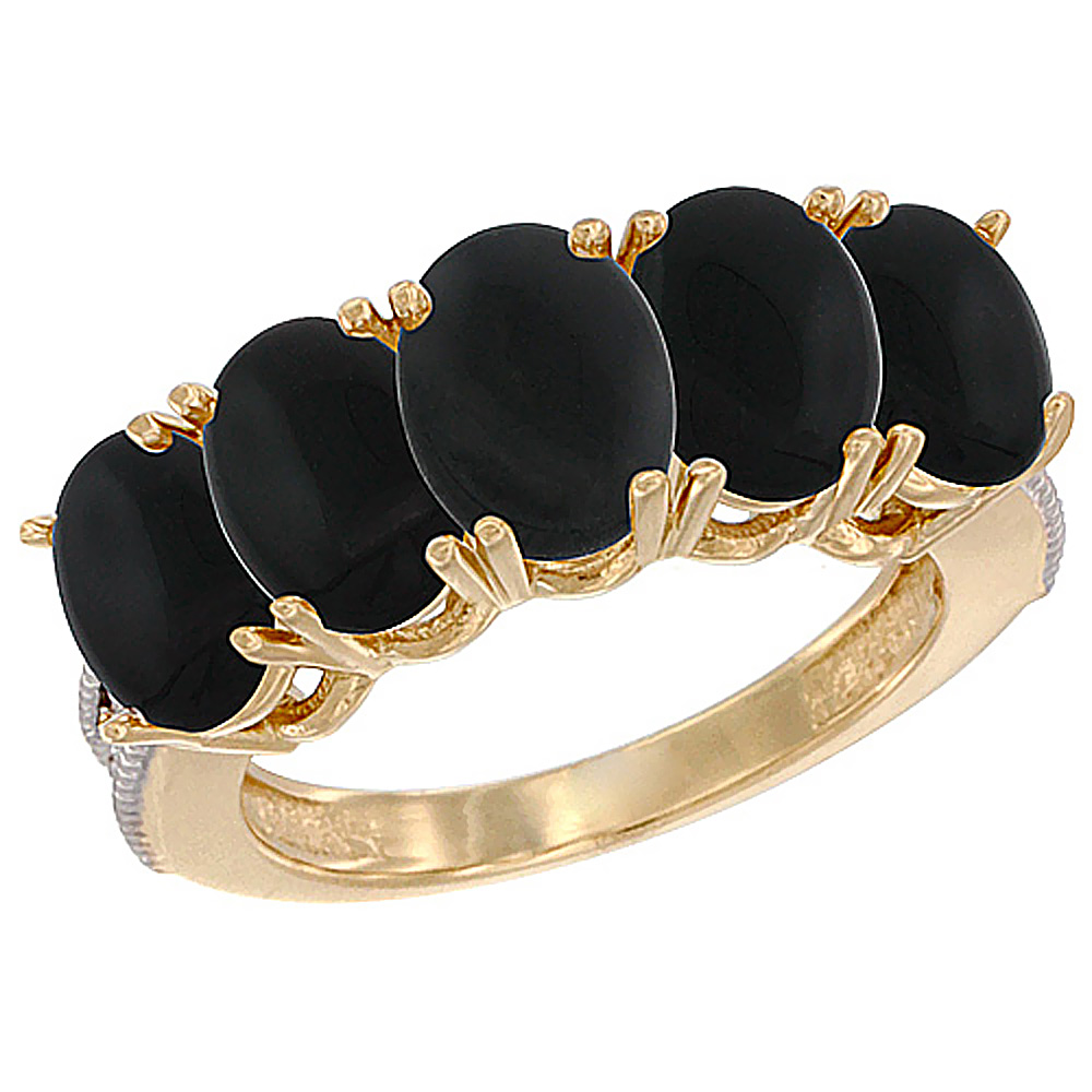 Sabrina Silver 14K Yellow Gold Natural Black Onyx 0.75 ct. Oval 7x5mm 5-Stone Mother"s Ring with Diamond Accents, sizes 5 to 10 with half sizes