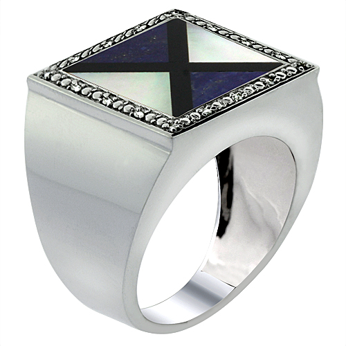 Sabrina Silver 10k White Gold Diamond Natural Onyx, Lapis & Mother of Pearl Mosaic Ring Trilateral 9/16 inch, size 9-14