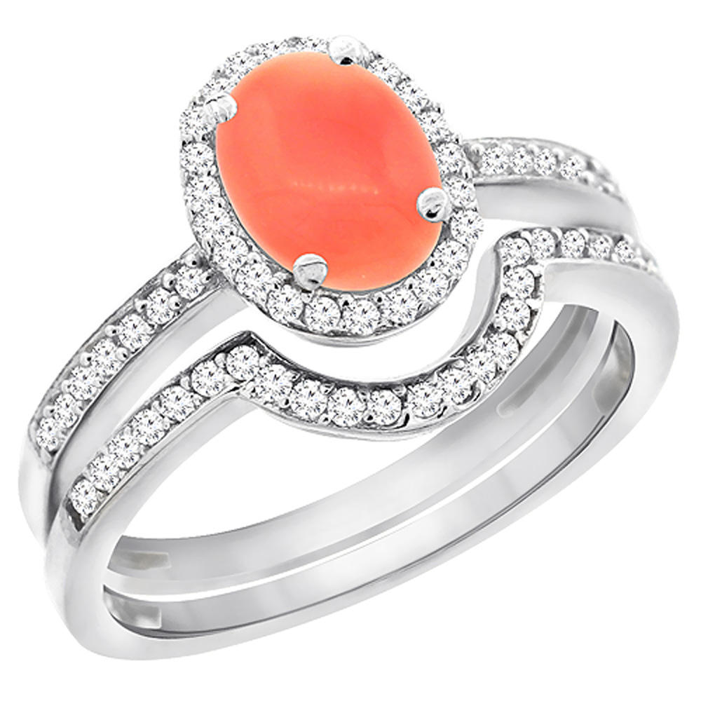 Sabrina Silver 14K White Gold Diamond Natural Coral 2-Pc. Engagement Ring Set Oval 8x6 mm, sizes 5 - 10