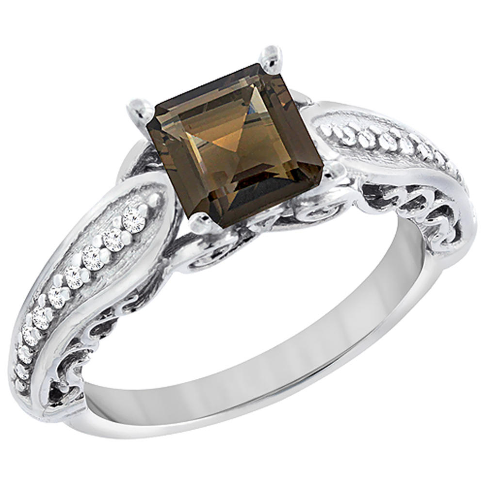 Sabrina Silver 14K White Gold Natural Smoky Topaz Ring Square 8x8mm with Diamond Accents, sizes 5 - 10