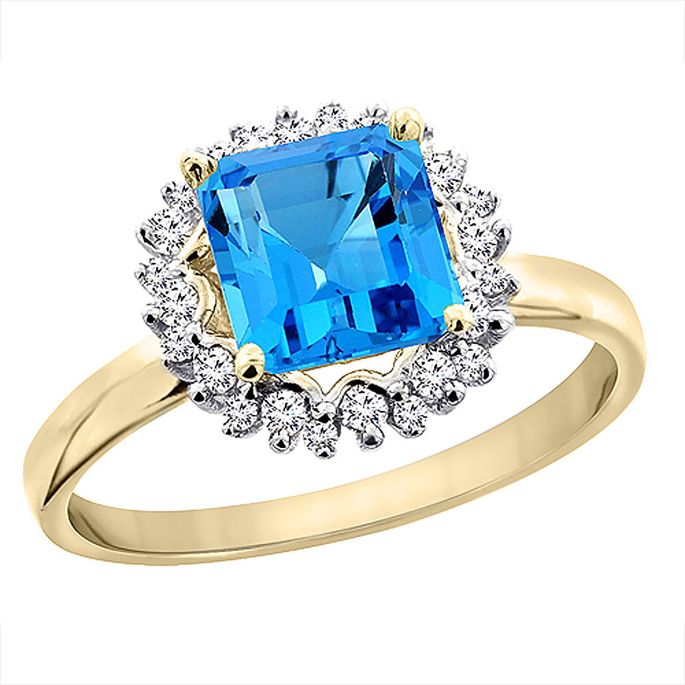 Sabrina Silver 10K Yellow Gold Genuine Blue Topaz Ring Halo Square 6x6 mm Diamond Accent sizes 5 - 10