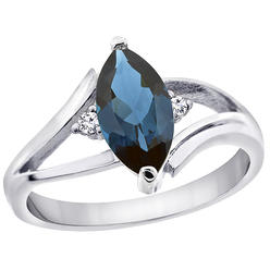 Sabrina Silver 10K White Gold Natural London Blue Topaz Ring Marquise 10x5 mm Diamond Accent, sizes 5 - 10 with half sizes