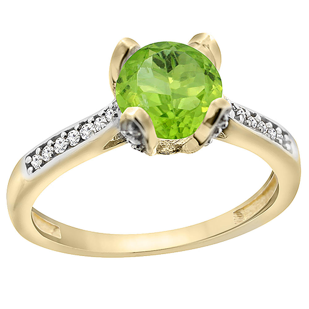 Sabrina Silver 14K Yellow Gold Diamond Natural Peridot Engagement Ring Round 7mm, sizes 5 to 10 with half sizes