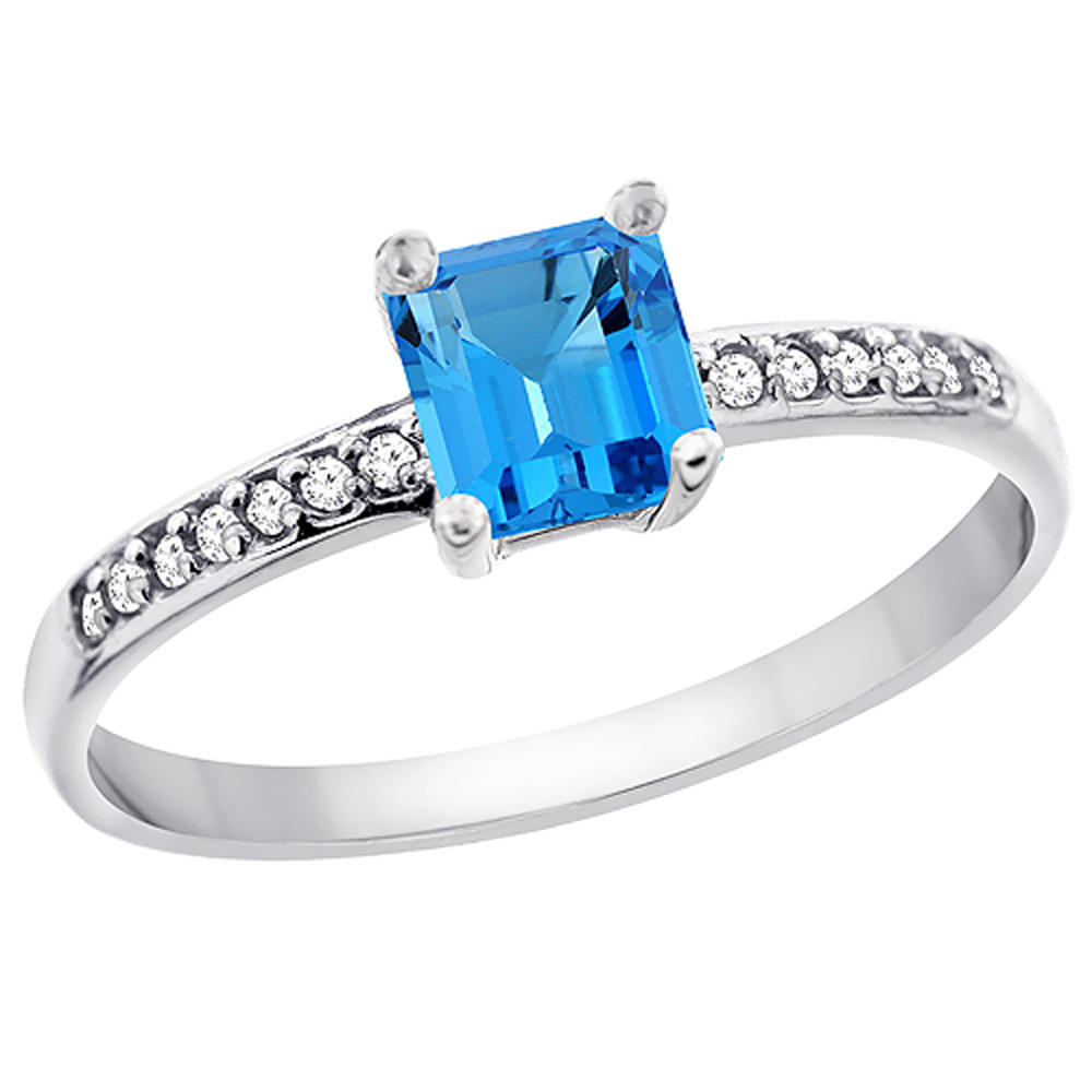 Sabrina Silver 10K White Gold Genuine Blue Topaz Ring Octagon 7x5 mm Diamond Accent
