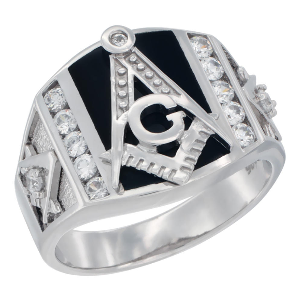 Sabrina Silver Mens Sterling Silver Cubic Zirconia Masonic Ring Rectangular Black Onyx 5/8 inch wide