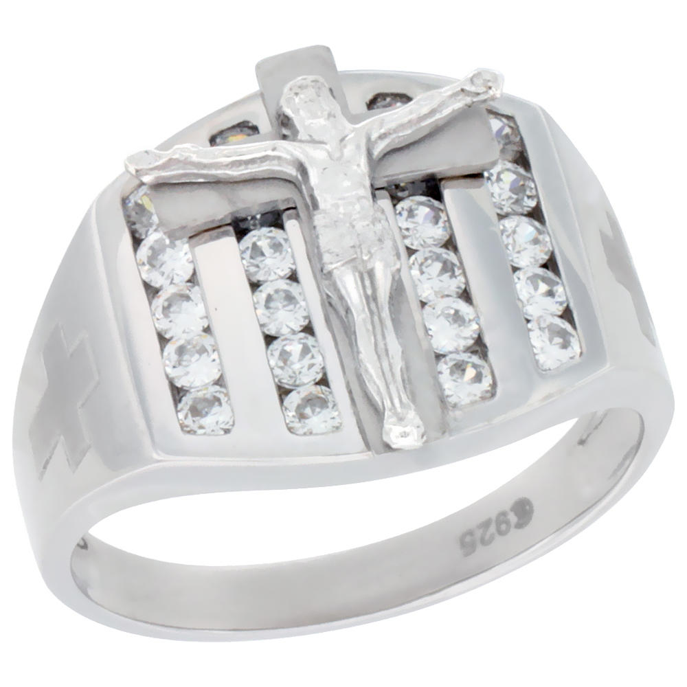 Sabrina Silver Mens Sterling Silver Crucifix Ring Cubic Zirconia Stone Accents 19/32 inch wide