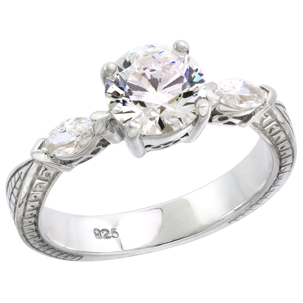 Sabrina Silver Sterling Silver 3-stone CZ Ring Women 1 ct Center Marquise cut Sides Vintage Style , sizes  6-10