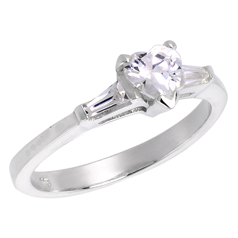 Sabrina Silver Sterling Silver CZ Tapered Baguette 3-Stone 5mm Heart cut Engagement Ring for Women 1/2 ct, sizes  6-10
