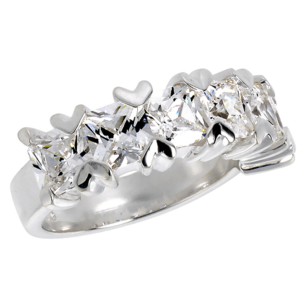 Sabrina Silver Sterling Silver Cubic Zirconia Wedding Band Teeny Hearts & Princess Cut 1/4 inch, sizes 6 - 10
