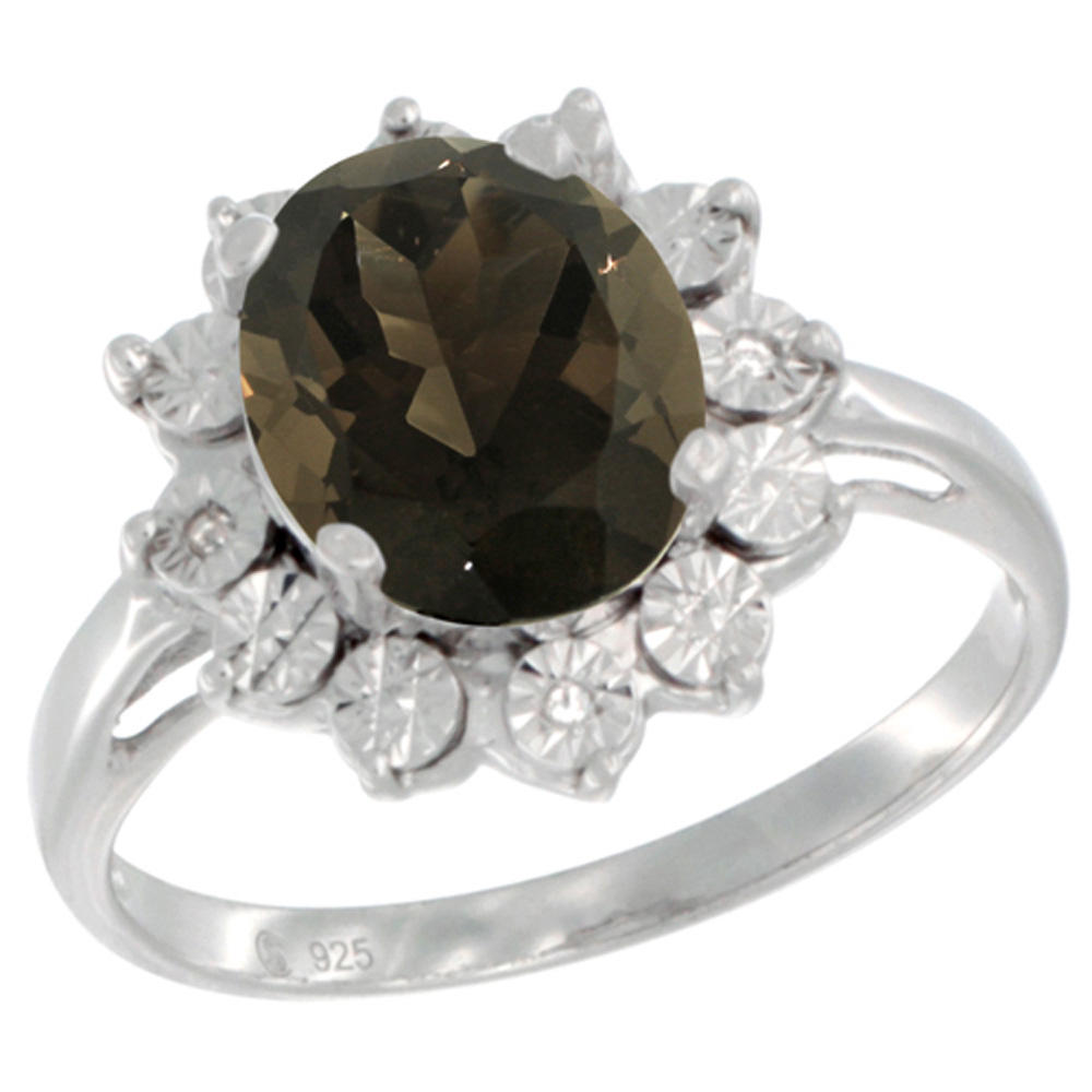 Sabrina Silver Sterling Silver Natural Smoky Topaz Ring Oval 10x8, Diamond Accent, sizes 5 - 10
