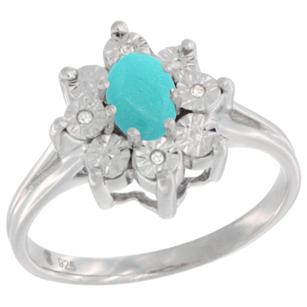 Sabrina Silver Sterling Silver Natural Sleeping BeautyTurquoise Ring Oval 6x4, Diamond Accent, sizes 5 - 10
