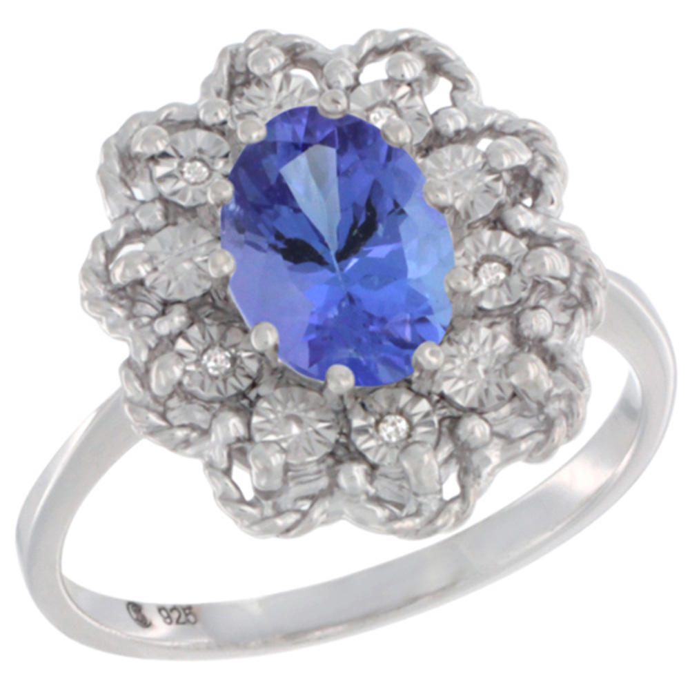 Sabrina Silver Sterling Silver Natural Tanzanite Ring Oval 8x6, Diamond Accent,, sizes 5 - 10