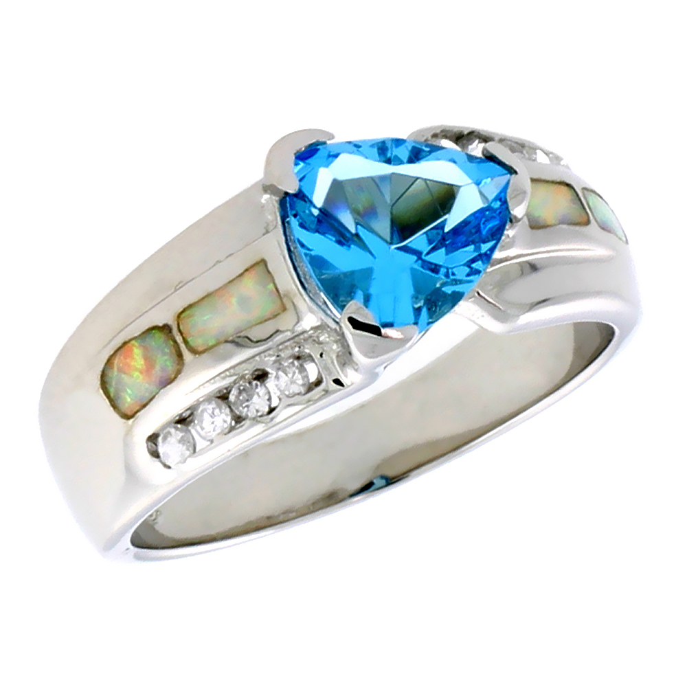 Sabrina Silver Sterling Silver Synthetic Pink Opal Ring Trillion Cut Blue Topaz CZ Cubic Zirconia Accent, 3/8 inch