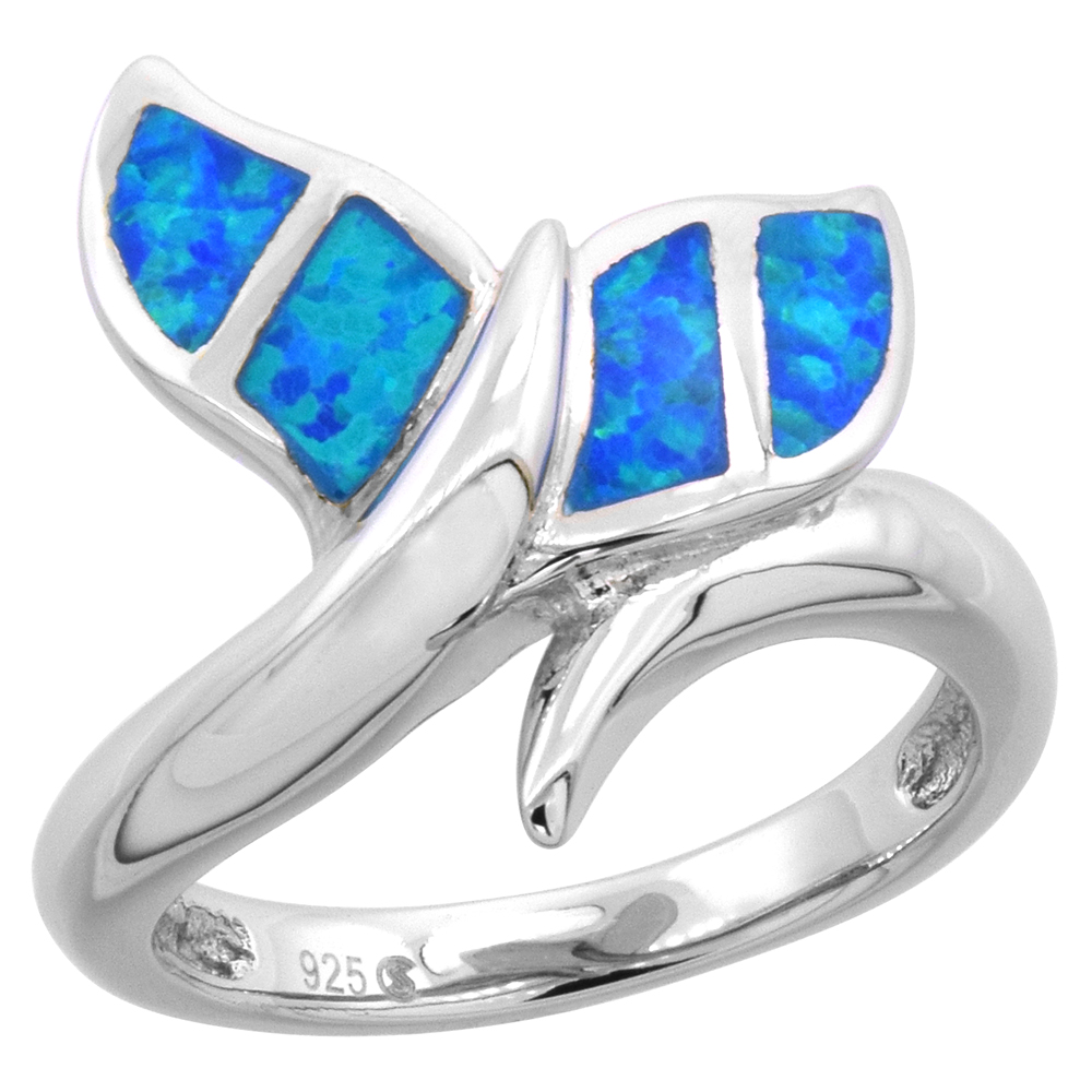 Sabrina Silver Sterling Silver Blue Synthetic Opal Whale Tail Ring for Women 3/4 inch
