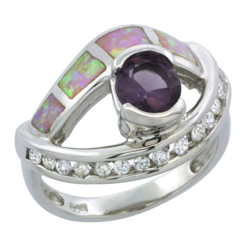 Sabrina Silver Sterling Silver Synthetic Pink Opal Ring Brilliant Cut Blue Topaz CZ Cubic Zirconia Accent, 5/8 inch