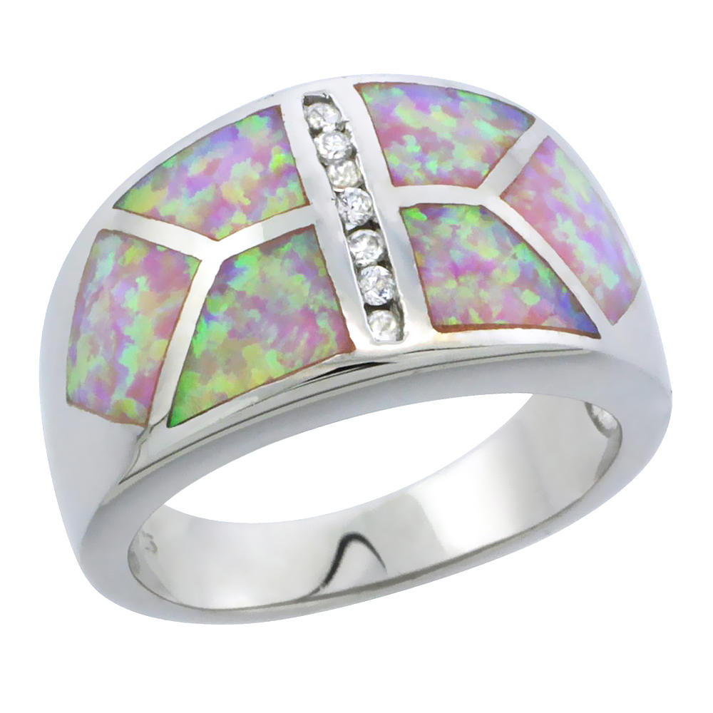 Sabrina Silver Sterling Silver Synthetic Pink Opal Dome Ring Cubic Zirconia Accent, 1/2 inch