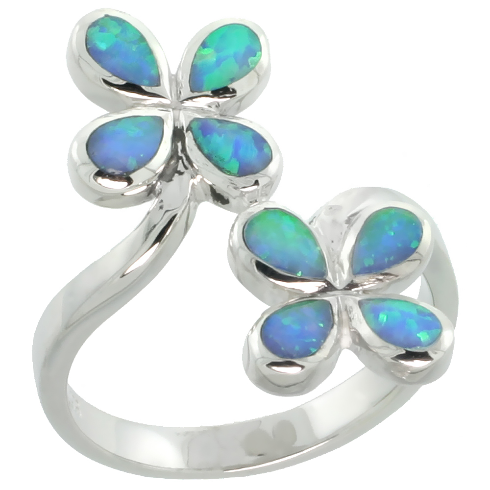 Sabrina Silver Sterling Silver Blue Synthetic Opal 4 Petal Flower Bypass Ring for Women Teardrop Inlay 13/16 inch