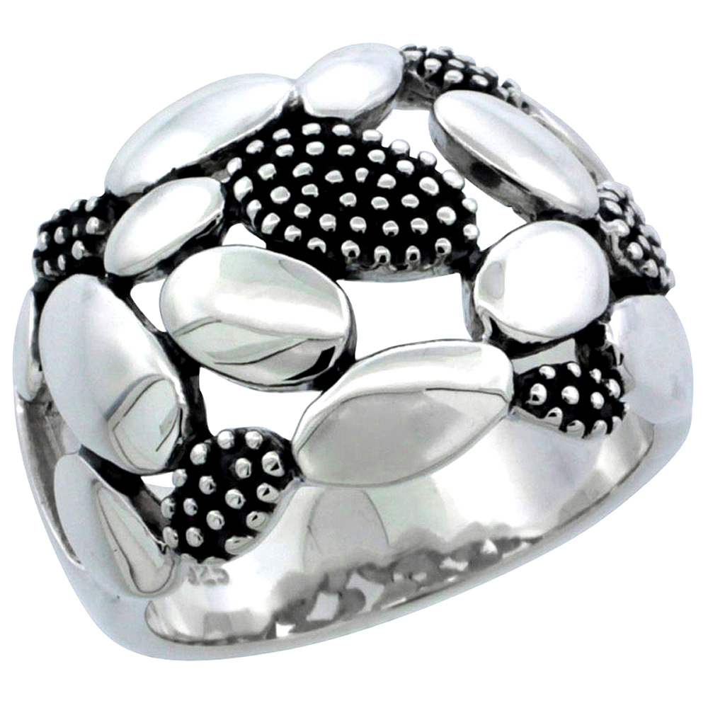 Sabrina Silver Ladies Sterling Silver Ring High Polished Plain & Beaded Oval 5/8 inch wide, sizes 6 - 10