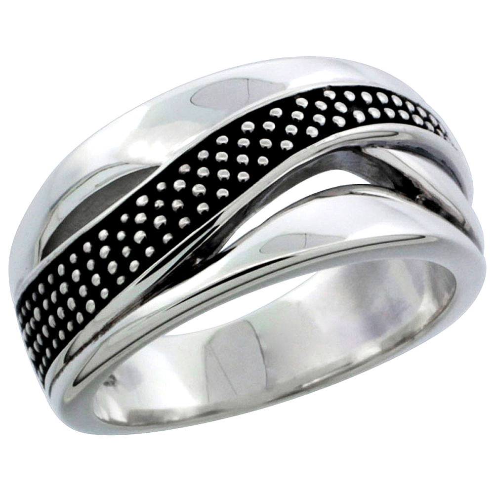 Sabrina Silver Ladies Sterling Silver Single Beaded Stripe Ring 3/8 inch wide, sizes 6 - 10