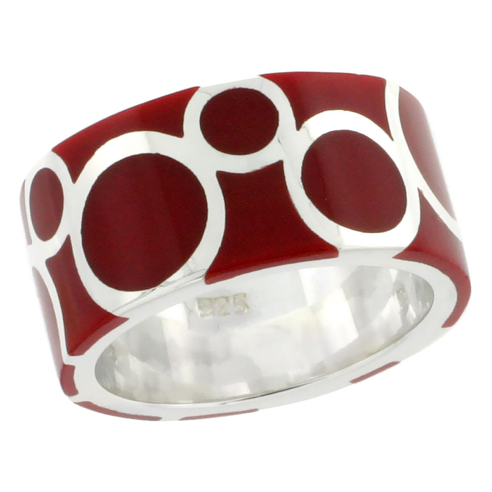 Sabrina Silver Sterling Silver High Polished Circles Ring Red Enamel 3/8 inch wide, sizes 6 to 10