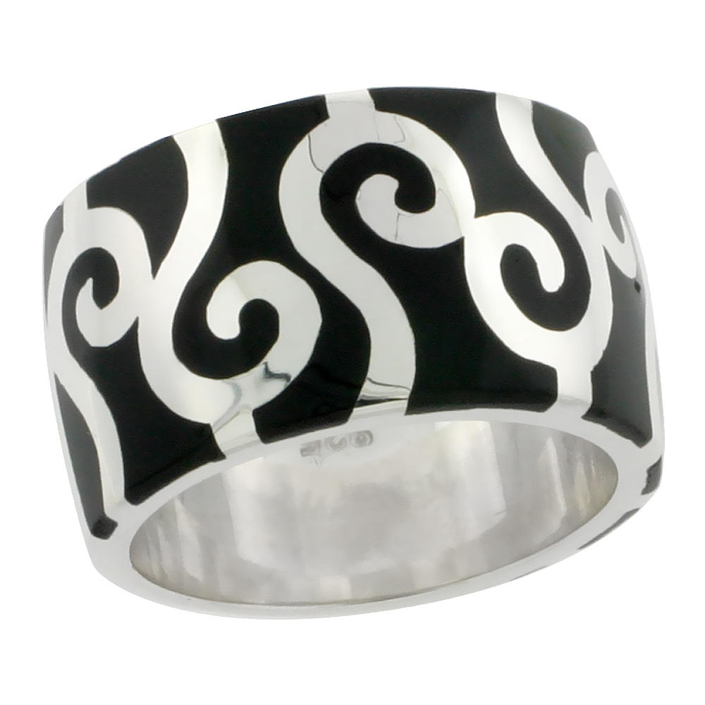 Sabrina Silver Sterling Silver High Polished Swirls Ring Black Enamel 15/32 inch wide, sizes 6 to 10