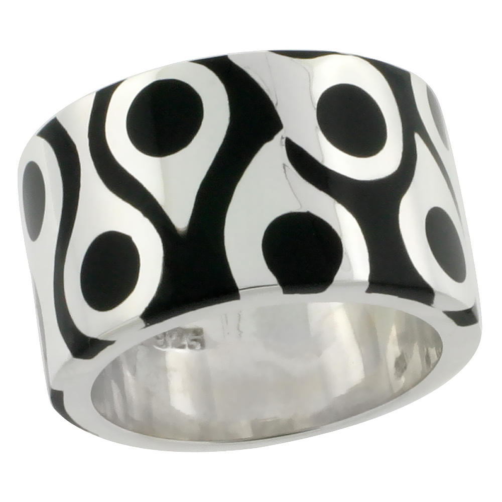 Sabrina Silver Sterling Silver High Polished Drops Ring Black Enamel 1/2 inch wide, sizes 6 to 10