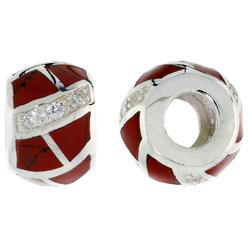 Sabrina Silver Sterling Silver Synthetic Coral Barrel Charm Bead CZ stones Fits Pandora and all Charm Bracelets, 3/8 inch