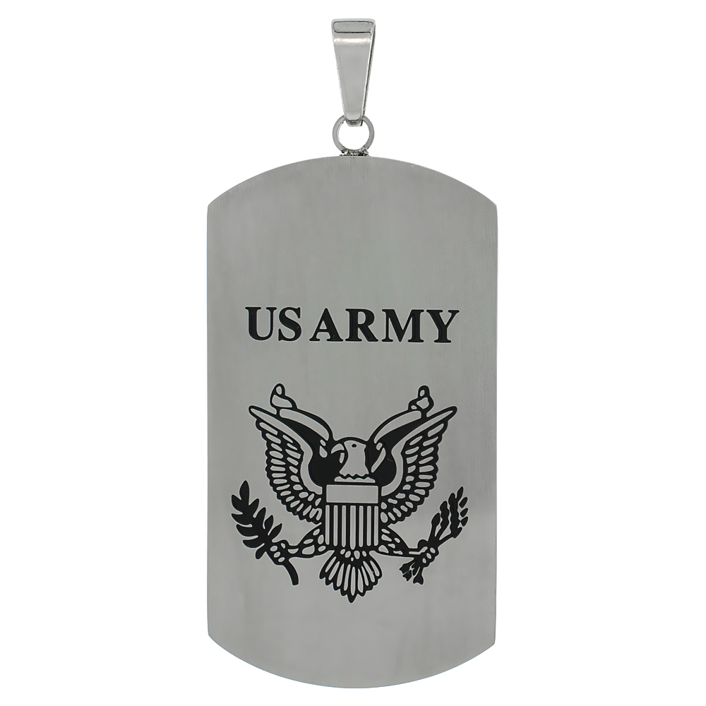 Sabrina Silver Stainless Steel US Army Dog Tag Pendant, 1 3/4 x 15/16 inch (43mm x 24 mm), w/ 30 in. 2 mm Ball Chain
