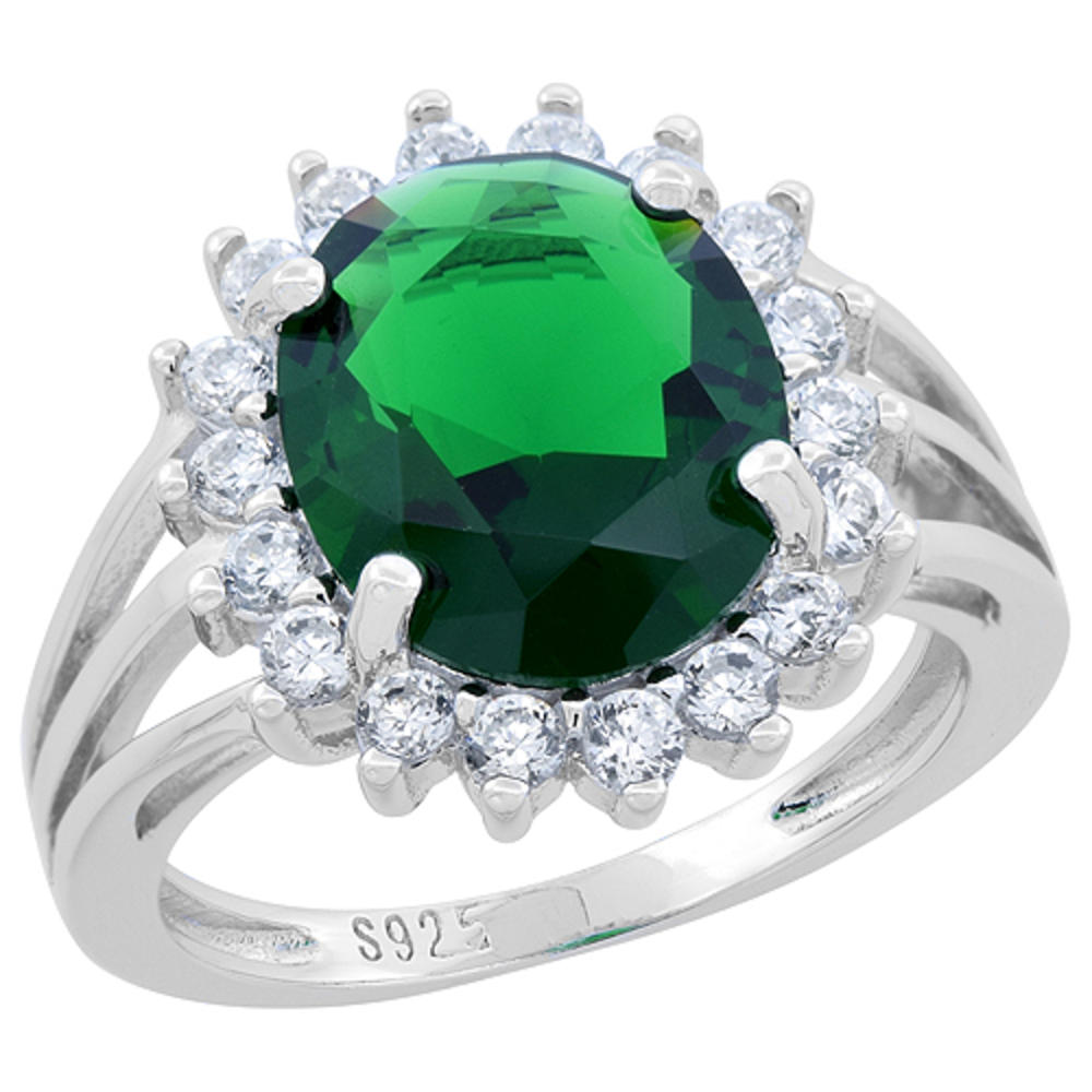 Sabrina Silver Sterling Silver Oval Emerald Ring Sunburst CZ Rhodium Finish, 11/16 inch wide, sizes 6 - 9